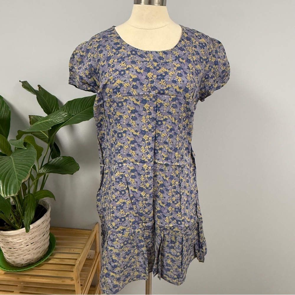 April Cornell Short Dress L  Blue /Gold Floral Tiered Drop Waist Cottagecore